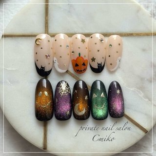 光るハロウィンブラックマグネットニュアンスネイル お化け