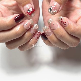 オーダー】ネイルチップ ボルドー ぷっくりハートリボン 韓国ワンホン