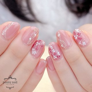 ピンクベージュニュアンスフラワー水引ネイル ブライダル 前撮り 成人