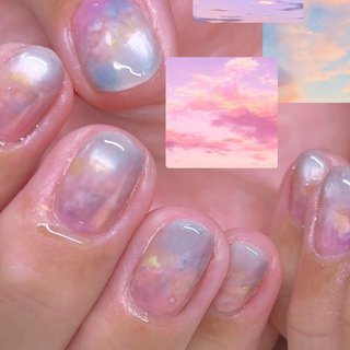 ☑︎オーロラピンクの雲模様　ネイルチップ　韓国　オーダー　ニュアンスネイル　個性派 ☑︎オーロラピンクの雲模様 ネイルチップ 韓国 オーダー ニュアンス