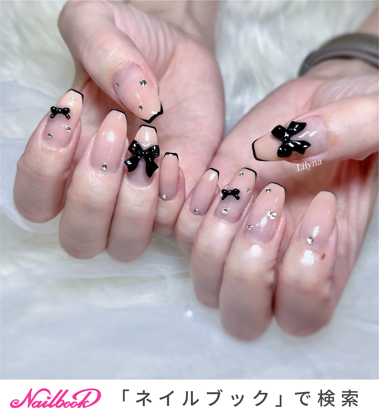 ネイルチップ ワンホン チーク クリアリボン ビジュー