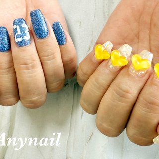 【オーダー】ネイルチップ　ワンホン韓国　リボン　手書きハート　キラキラ　ブルー オーダー】ネイルチップ ワンホン韓国 リボン 手書きハート キラキラ