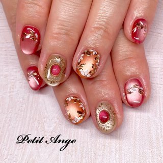 40］ネイルチップ マグネット 秋ネイル フラワー ホログラム オレンジ