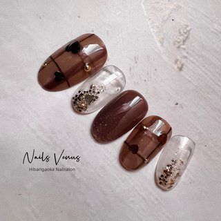 着画あり】チェック柄 ブラウン フレンチネイル シンプル 可愛い ワン