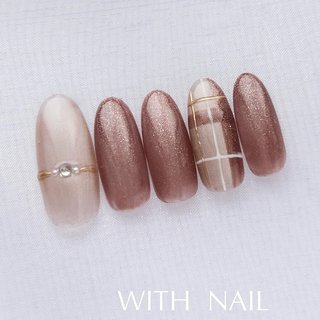 着画あり】チェック柄 ブラウン フレンチネイル シンプル 可愛い ワン