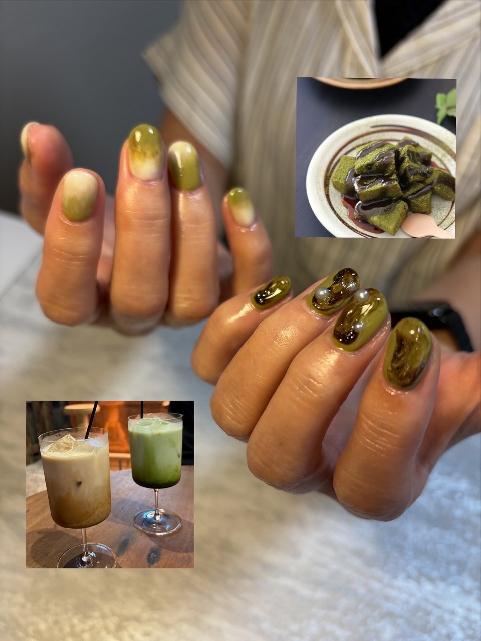 クリアブラウン×ダークグリーン ネイルチップ ピスタチオグリーンとブラウンニュアンスネイル ミラーネイル