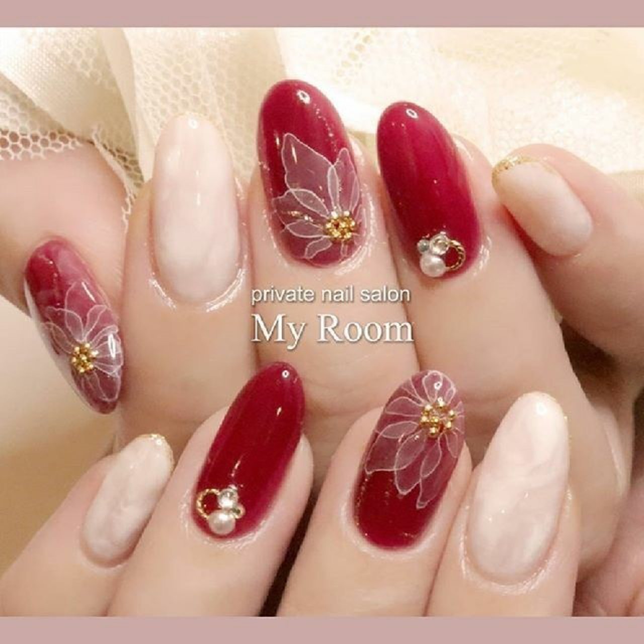 フラワー 大理石 たらしこみ ホワイト レッド My Roomのネイルデザイン No ネイルブック