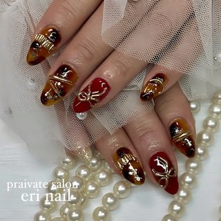 ネイルチップ　サイズオーダー　リボンネイル　べっこうネイル べっ甲/リボンのネイルデザイン｜ネイルブック