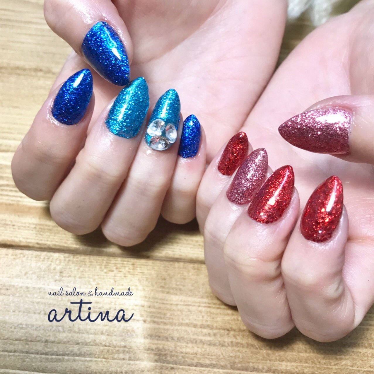 ハンド ラメ ワンカラー ピンク レッド Nailsalon Artinaのネイル