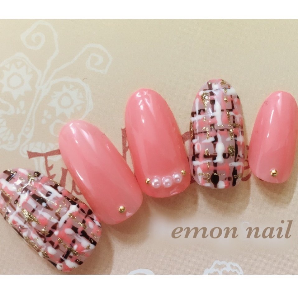 春 冬 パール ツイード ピンク Emonnailのネイルデザイン No ネイルブック