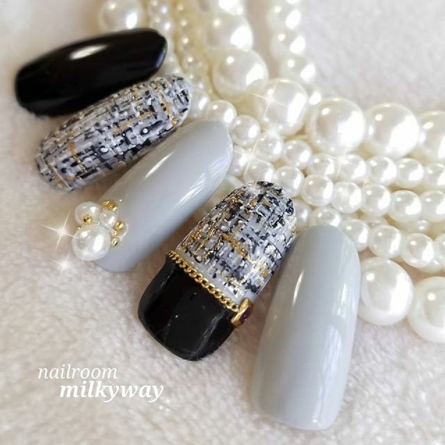 冬 ハンド ツイード グレー ブラック Nailroommilkywayのネイルデザイン No 2777065 ネイルブック