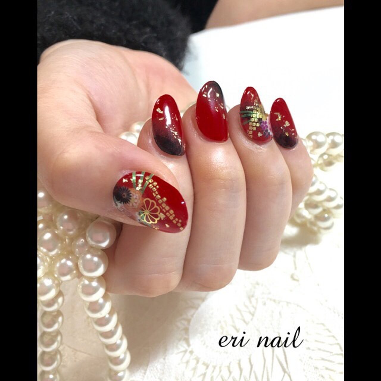 成人式 ハンド 和柄 レッド ブラック 名古屋市天白区 自宅ネイルサロン Eri Nailのネイルデザイン No ネイルブック