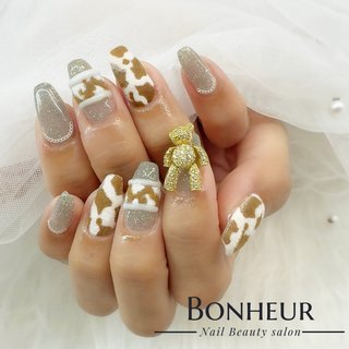 着画あり】くまネイル アーガイル柄ネイル 癒しネイル シンプルネイル