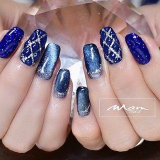 ネイルチップ オーダー ネイビー キルティング 韓国 マグネット フレンチ 青 キルティング/スクエアオフ/マグネットフレンチのネイルデザイン