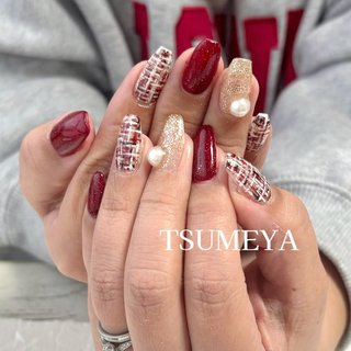 ツイード/黒赤のネイルデザイン｜ネイルブック