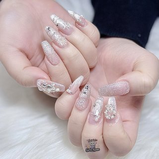ネイルチップ グラデ ワンホン リボン ビジュー ピクシー ワンホンネイル(ワンホン/中国ネイル/中華ネイル)/#ピクシーネイルの