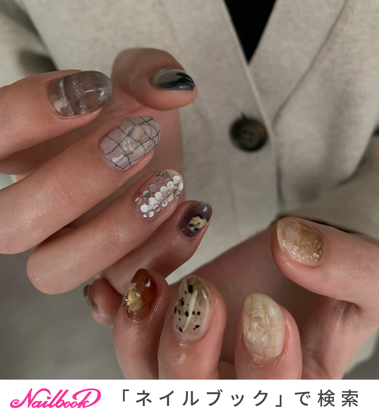 チェック/オレンジ/ブルーのネイルデザイン｜ネイルブック