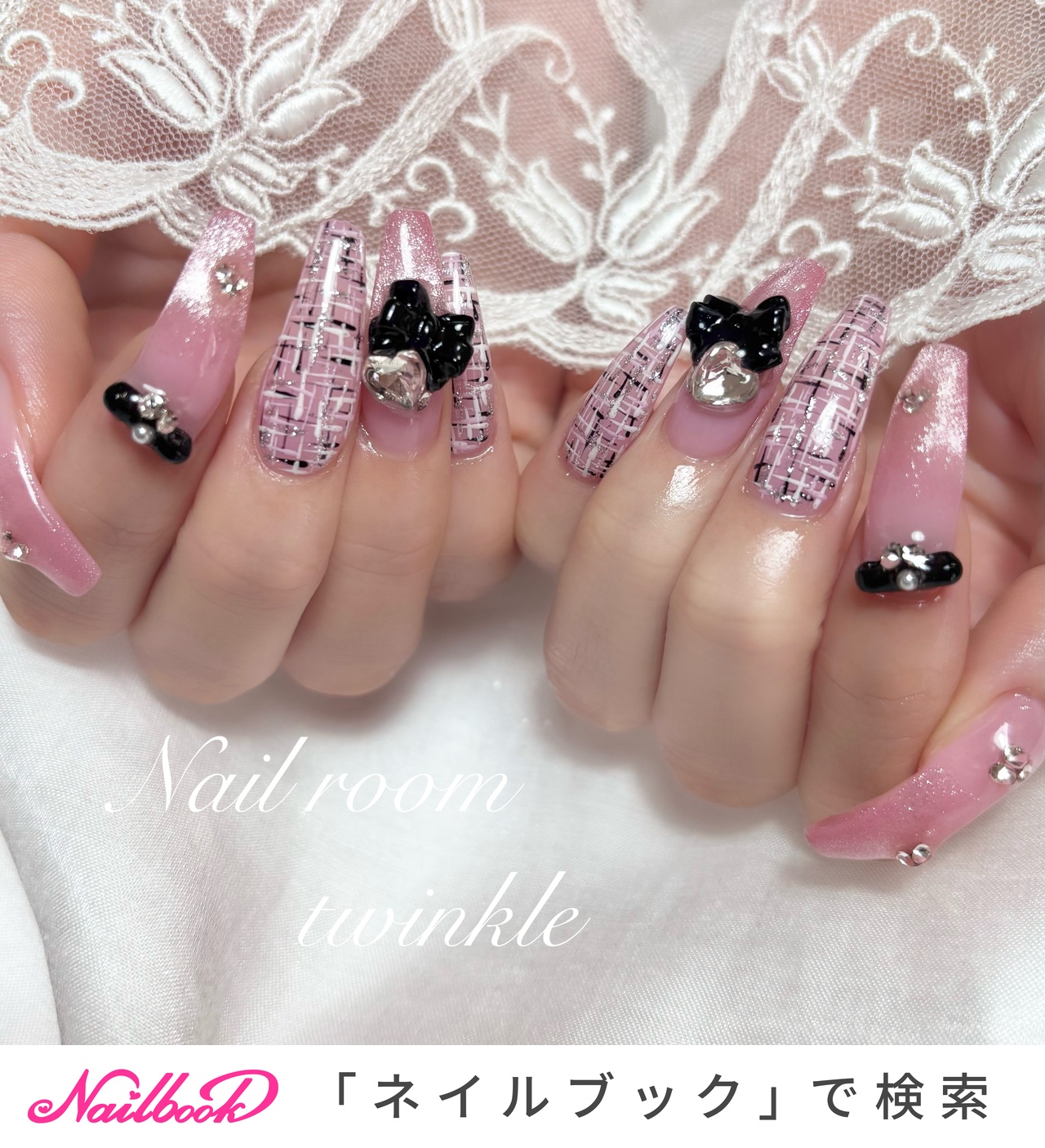 1700＊量産系ピンク＊ネイルチップ 黒 ピンク リボン 量産型 【公式通販】