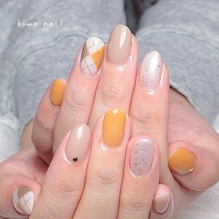 【着画あり】くまネイル　アーガイル柄ネイル　癒しネイル　シンプルネイル アーガイル/くまネイルのネイルデザイン｜ネイルブック