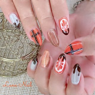 チェック/オレンジ/ブラウンのネイルデザイン｜ネイルブック