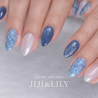 ネイルチップ オーダー ネイビー キルティング 韓国 マグネット フレンチ 青 マグネット/キルティング/ブルーのネイルデザイン｜ネイルブック