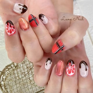 チェック/オレンジのネイルデザイン｜ネイルブック