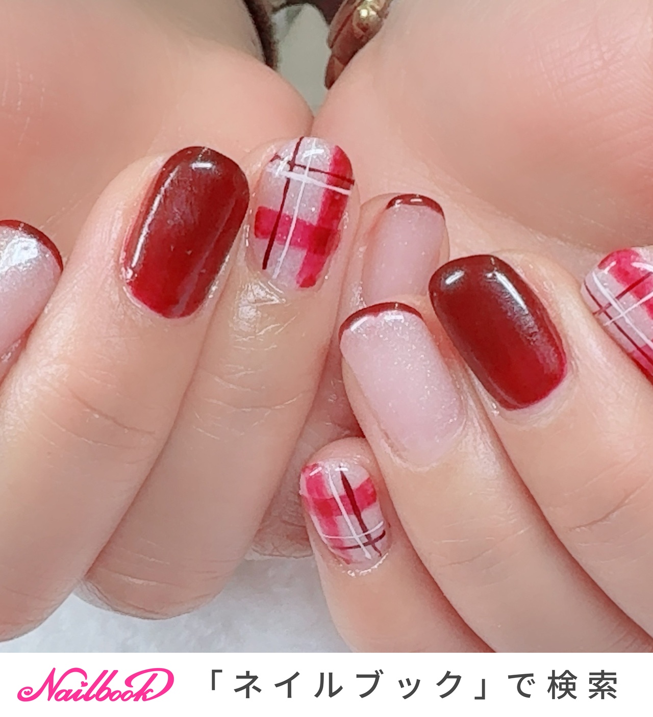 赤チェックネイルのネイルデザイン｜ネイルブック