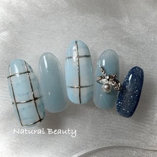 チェック/リボン/水色のネイルデザイン｜ネイルブック