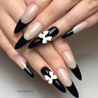 フレンチ/リボン/ブラックのネイルデザイン｜ネイルブック