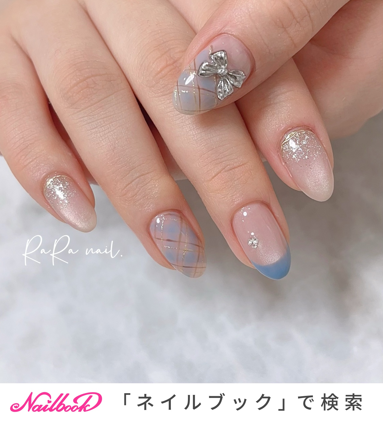 チェック/リボン/水色のネイルデザイン｜ネイルブック