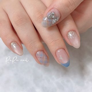 チェック/リボン/水色のネイルデザイン｜ネイルブック