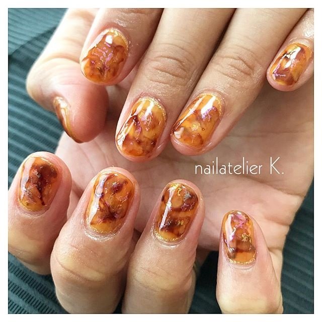 シンプル べっ甲 オレンジ ブラウン ゴールド Nailatelier Kのネイルデザイン No 501 ネイルブック