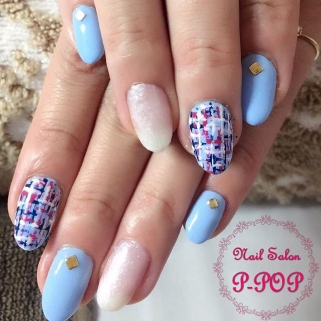 春 ハンド ツイード 水色 ジェル ネイルサロンp Popのネイルデザイン No ネイルブック