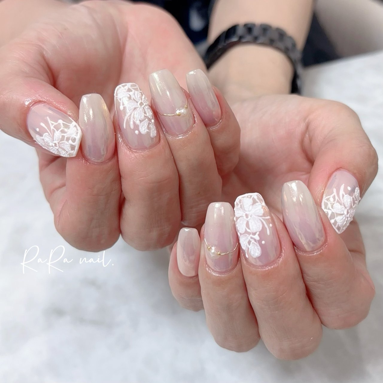 春/ハンド/オーロラ/レース/ホワイト - RaRa Nailのネイルデザイン[No
