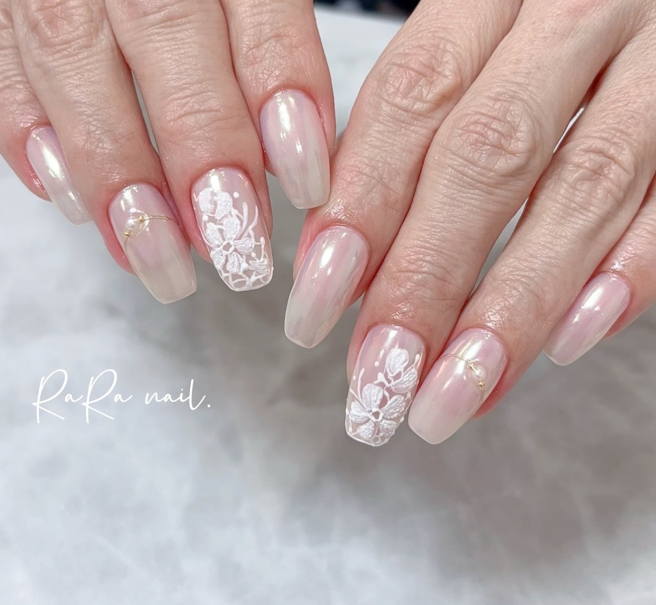 春/ハンド/オーロラ/レース/ホワイト - RaRa Nailのネイルデザイン[No