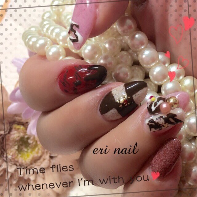 バレンタイン ハンド スイーツ ピンク ブラウン 名古屋市天白区 自宅ネイルサロン Eri Nailのネイルデザイン No ネイル ブック
