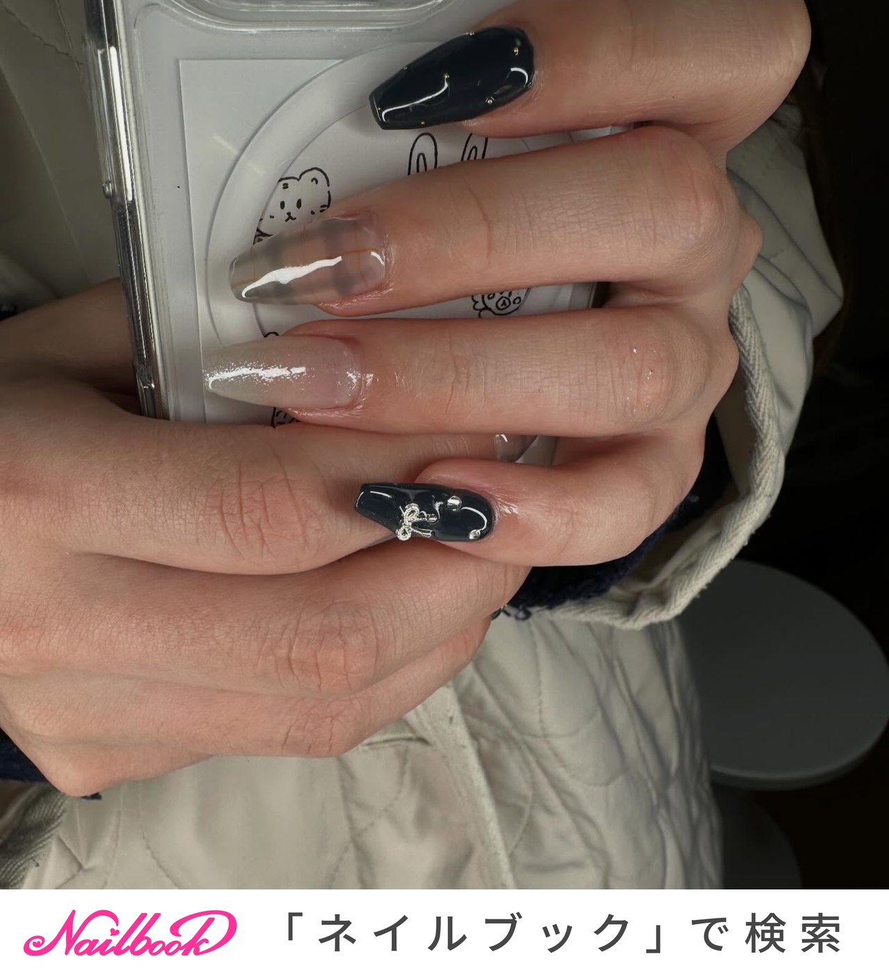 チェック/リボン/ネイビーのネイルデザイン｜ネイルブック