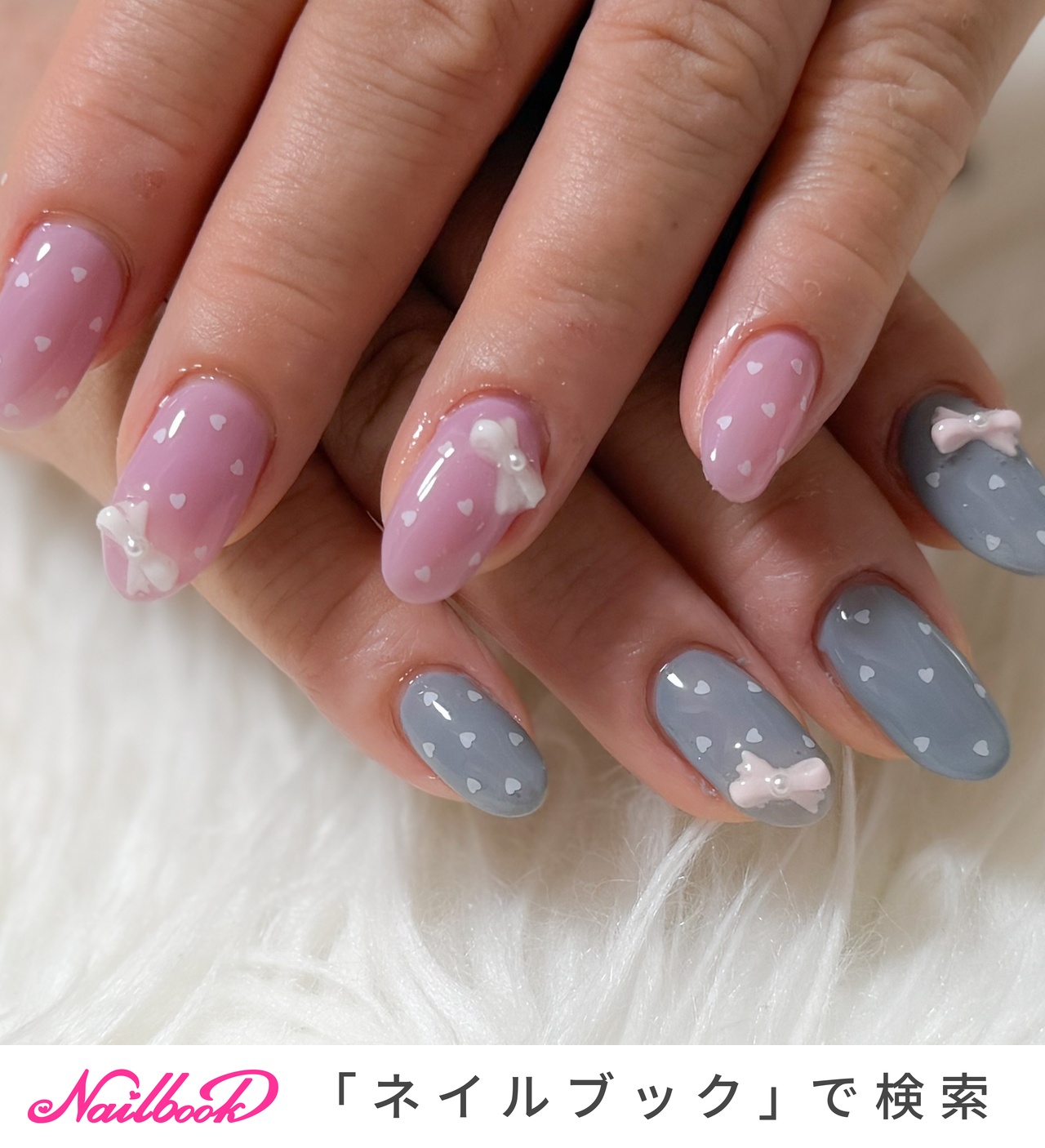 ピンクグレー　ドットネイル　リボン　ハート　ガーリーネイル ドット/グレー/リボンネイルのネイルデザイン｜ネイルブック