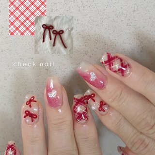 ネイルチップ　チェックネイル　ニュアンスネイル　リボンネイル　推し活 チェック/ニュアンス/リボンのネイルデザイン｜ネイルブック