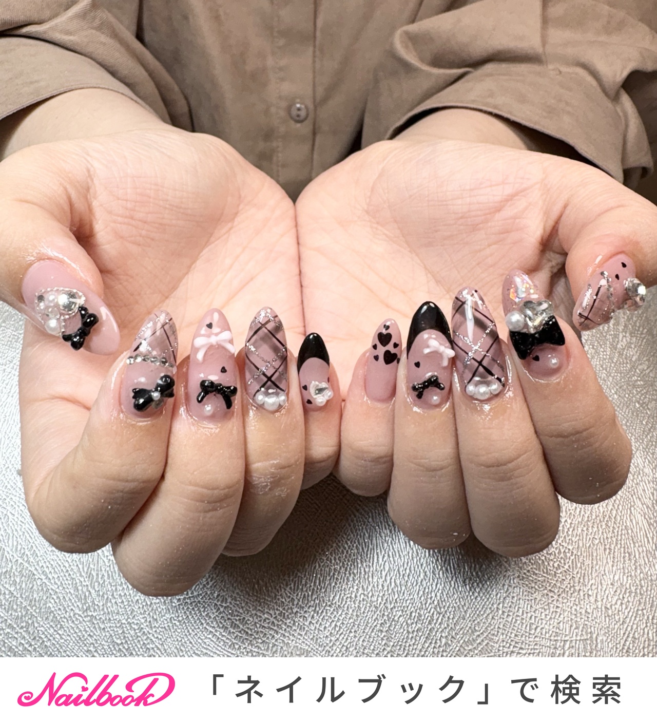 ガーリーチェック　リボン　ハート　大人ネイル チェック/ハート/リボンのネイルデザイン｜ネイルブック