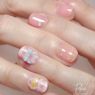 チェック/リボン/ピンクのネイルデザイン｜ネイルブック