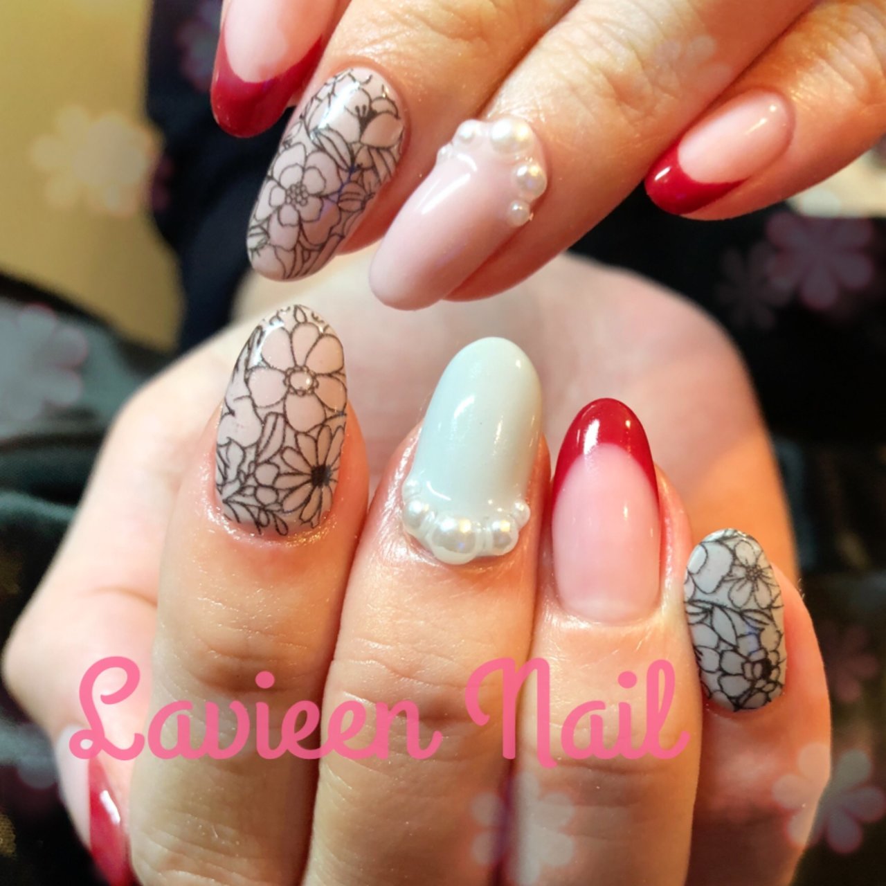 ハンド シンプル フレンチ フラワー パール Lavieennailのネイルデザイン No ネイルブック