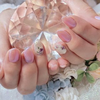 No.342 ネイルチップ 紫 ピンク 押し花 うるうる ちゅるん 秋 秋桜