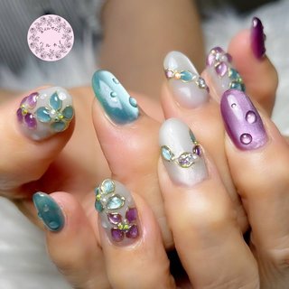 ブルー(青)/ぷっくりフラワーのネイルデザイン｜ネイルブック