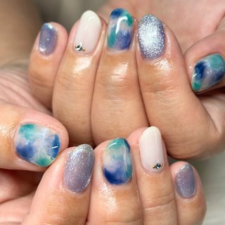 オーダーネイルチップ ターコイズマーブル キラキラ マグネットデザイン オーダーネイルチップ ターコイズマーブル キラキラ マグネット