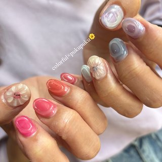 水色/ぷっくりフラワーのネイルデザイン｜ネイルブック