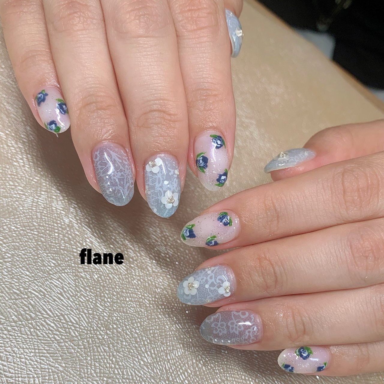 ホログラム/フラワー/レース/ターコイズ/水色 - flane_nailのネイル
