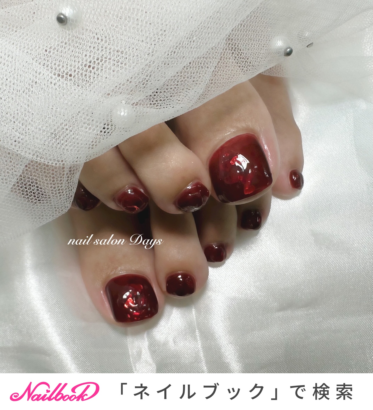 【オーダー制】　フットネイル　フットチップ 　ハートホロネイル　赤　りぼん フット/レッド/＃ハートホロネイルのネイルデザイン｜ネイルブック