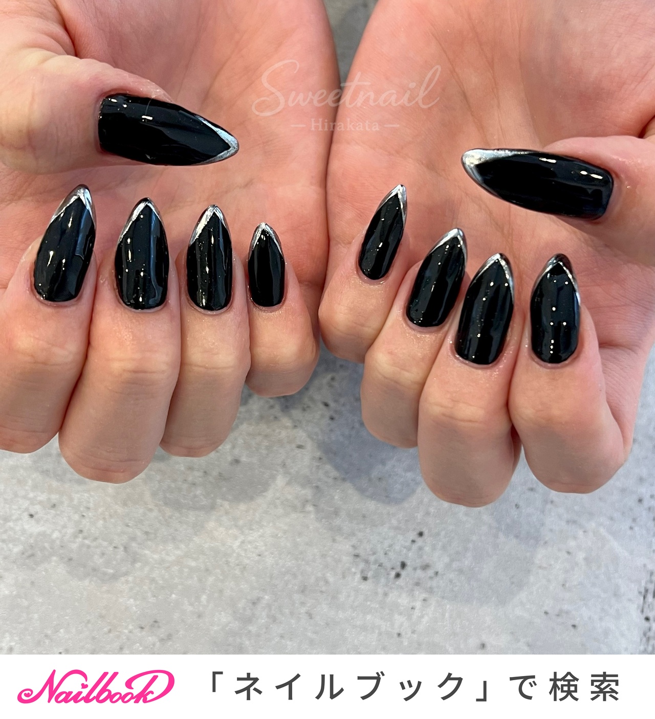 黒色ネイル ハンド/フレンチ/ミラー/ブラック/メタリック - 枚方市山之上ネイル
