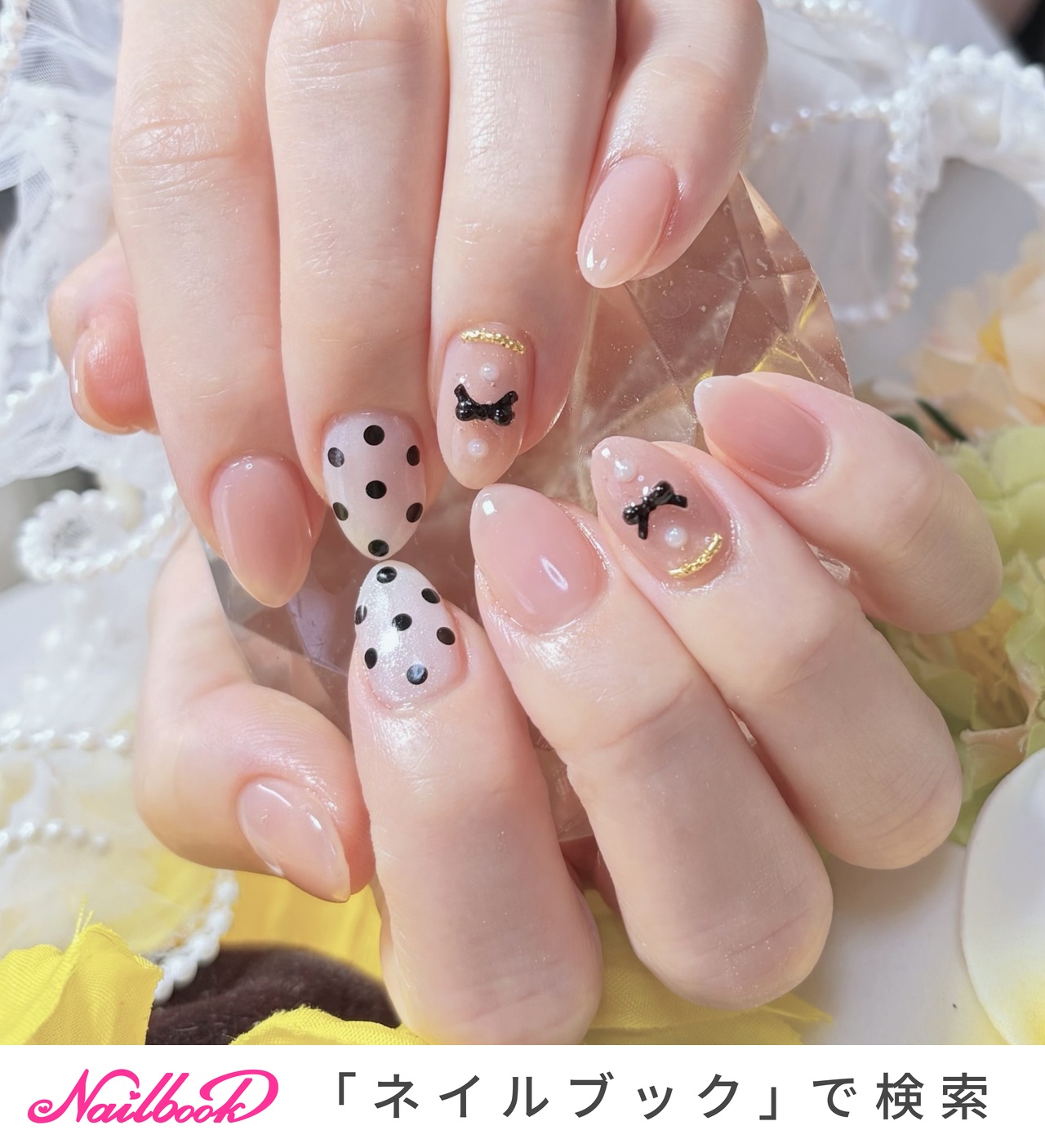 リボン/ピンク/ブラックのネイルデザイン｜ネイルブック
